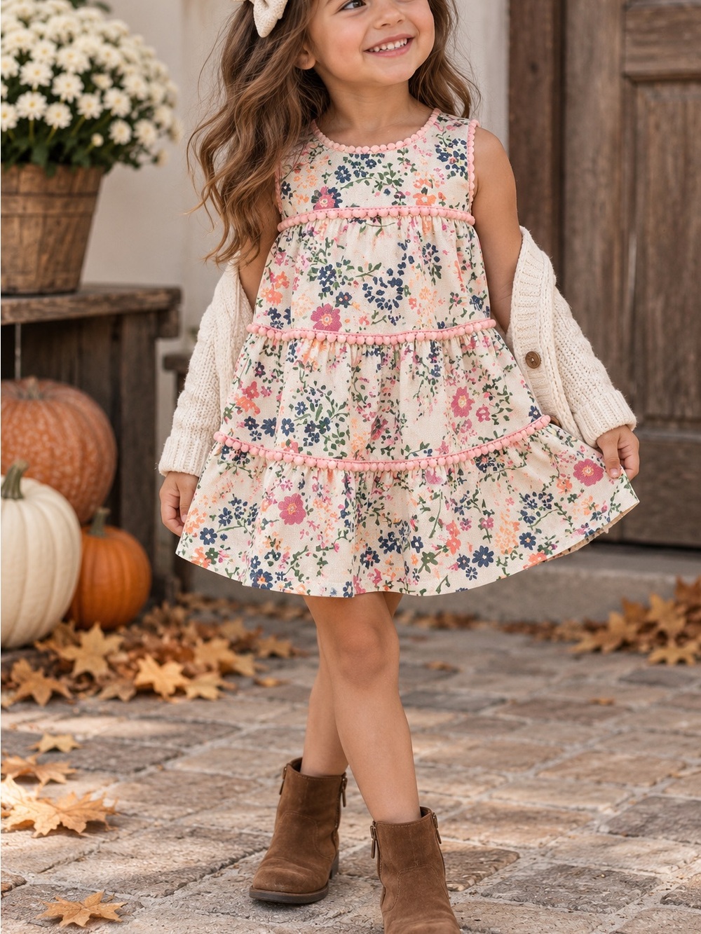 Free Planet Girls Size 4 Floral Tiered Dress Pink Pom Trim Cottagecore Fall